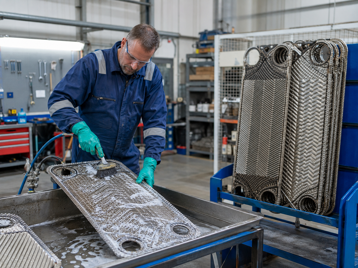 Image needed: Plate heat exchanger frame with the plate pack rolled back for inspection